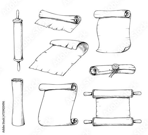 Ancient books. Parchment scroll sketch drawing. Old rolls. Antique document. Papyrus sheets. Vintage manuscript. Medieval letter. Engraving elements. Historical curled pages vector set
