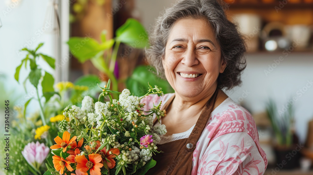 A middle-aged Hispanic woman beaming with happiness holds a bright bouquet of flowers. Festive concept spring holidays, mother's day, March 8