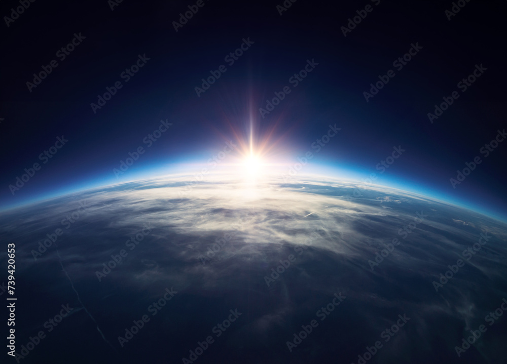 Panoramic view of the Earth, stars and galaxy. Planet Earth, view from space. Space fantasy. Elements of this image furnished by NASA.