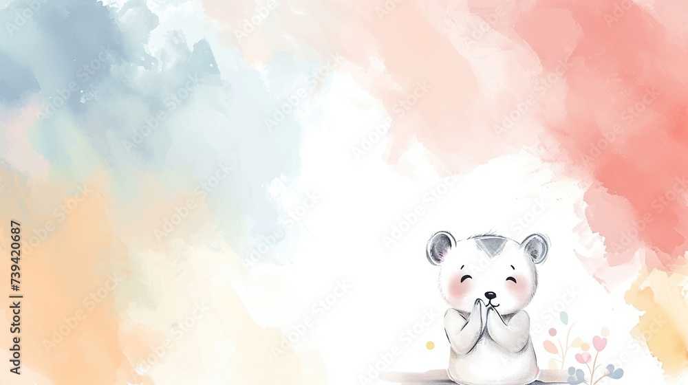 Fototapeta premium An endearing watercolor illustration of a bear with hands clasped, set against a colorful abstract background, evokes a sense of wonder. It's ideal for children's decor or educational purposes