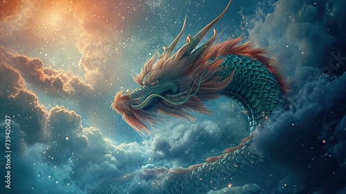 An ethereal dragon soars through a luminous sky  embodying fantasy and adventure in a digital art style. Ideal for thematic backdrops in gaming and literature with space for text.