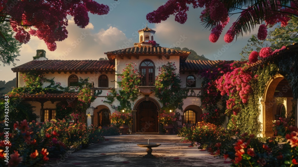 A charming Mediterranean-style villa with a tiled roof and lush floral gardens is bathed in warm evening light, creating a serene and picturesque setting.
A charming Mediterranean-style villa with a tiled roof and lush floral gardens is bathed in warm evening light, creating a serene and picturesque setting.