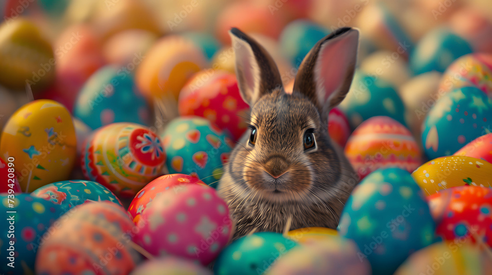 Vibrant Easter Eggs with a Very Cute Easter Bunny in a Festive Celebration Vibrant Easter Eggs with a Very Cute Easter Bunny in a Festive Celebration