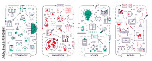 Creative technology. Digital work icons. Business project infographic of research and communication. Knowledge development. Scientific analytics chart. Vector abstract elements set