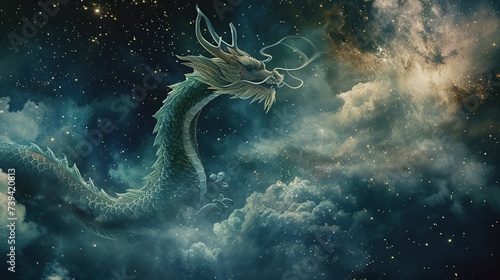 A celestial dragon in the cosmic clouds, symbolizing power and mysticism, perfect for themes of fantasy and space, and suitable for creative design projects.