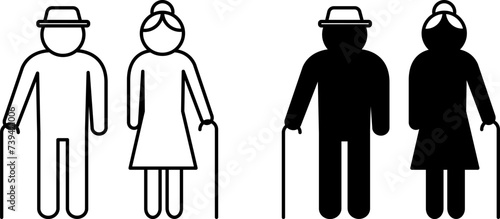 Seniors icons. Black and White Vector Icons of Elderly People. Grandfather and Grandmother with a Cane
