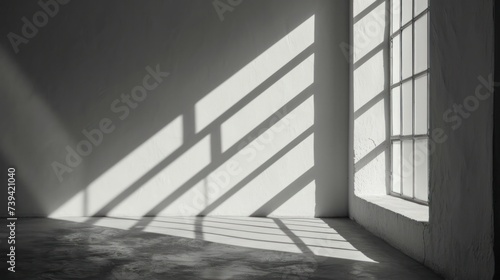 abstract. minimalistic background for product presentation. walls in large empty room greyish white. can full of sunlight. Loft wall or minimalist wall. Shadow, light from windows to plaster wall.
