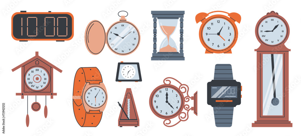 Clock dial. Interior watch. Hourglass and wristwatch. Wooden metronome ...