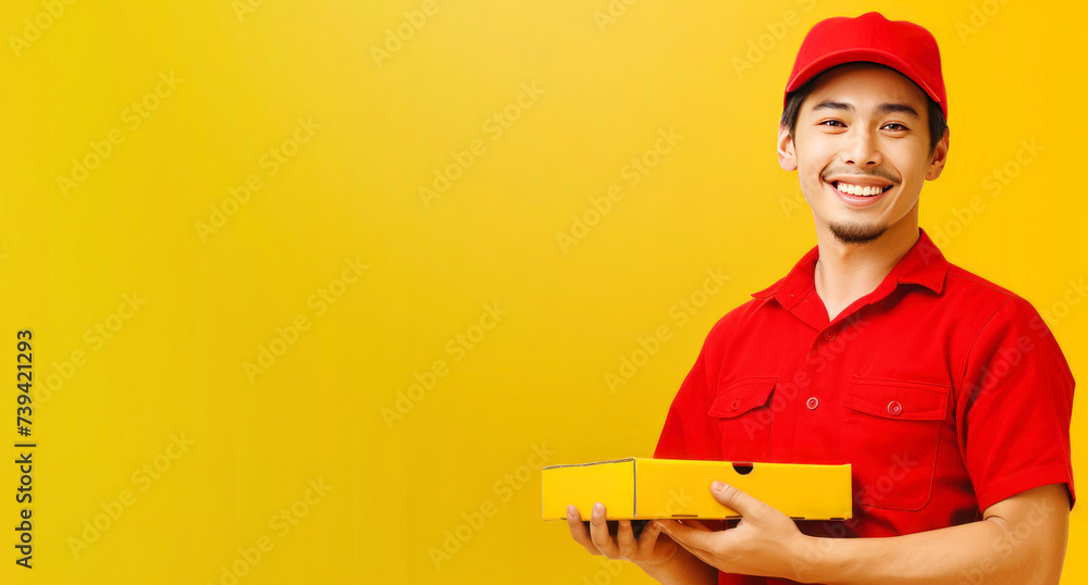 Positive young courier of Asian appearance, in red uniform, holding a box in his hands on a yellow background, with space for text Positive young courier of Asian appearance, in red uniform, holding a box in his hands on a yellow background, with space for text