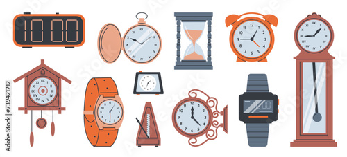 Clock dial. Interior watch. Hourglass and wristwatch. Wooden metronome timer. Time measurement. Chronometer at wall. Punctuality and accuracy. Hours countdown. Vector timepieces set