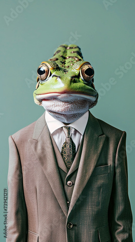 An elegant green frog with tie in an office business light suit on pastel background. The concept is suitable for corporate or business themes