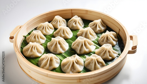 Chinese steamed dumplings in bamboo steamer. Generative AI