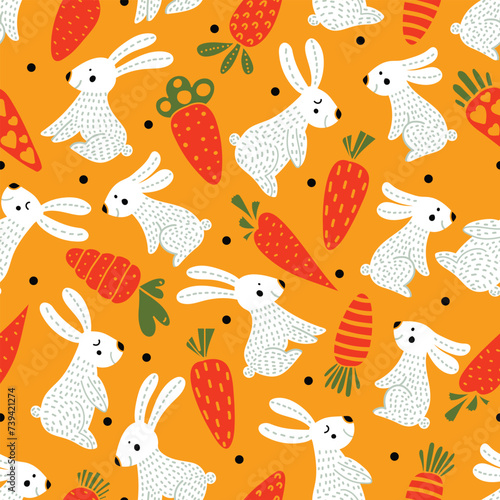 Cute rabbits and carrots in the Scandinavian forest. Seamless template can be used for wallpapers, fill templates, web pages backgrounds, surface textures