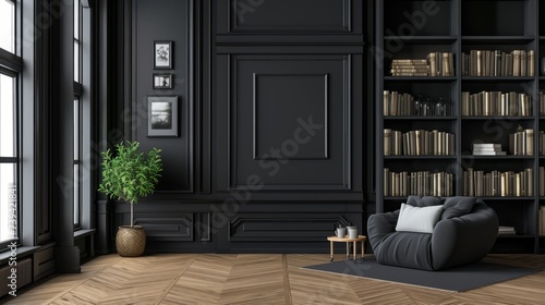 interior of a modern building living room in black colors. mouldings walls wallpaper background