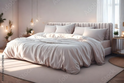 Cozy bed with soft silky bedclothes in light room