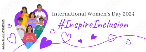 Inspire inclusion campaign pose. International Women's Day 2024 theme banner. Smiling Indian women and men make heart symbol with hands to stop discrimination and stereotypes. Gender inclusive world