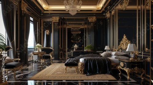 interior of a modern building bedroom in black and golden colors. mouldings walls wallpaper background