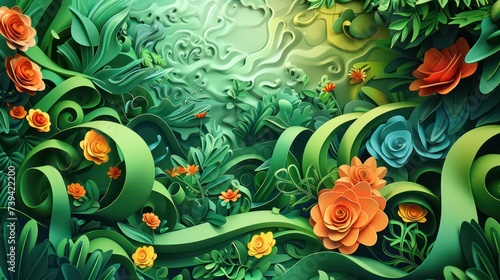 3D papercuts of surrealist cartoons depicting vibrant spring landscapes with swirling vortexes and minimalist elements