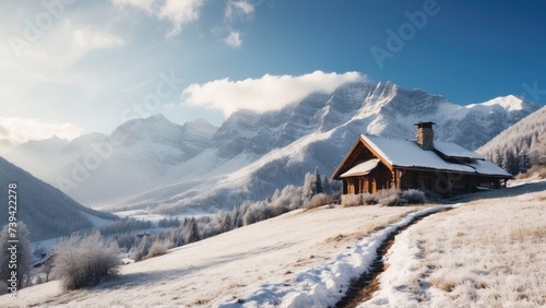 Majestic mountain range, covered with a layer of snow, beautiful and lonely cottage located in the valley