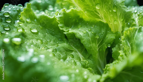 Nutritional Salad Greens: Close-Up Shot of Fresh Lettuce Leaves with Dew Drops - Ideal Ingredient for Healthy Vegetarian Meals and Agriculture Education Initiatives - Green Leaf with Drops