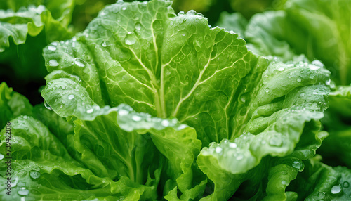 Freshness of Lettuce  Close-Up Image of Crisp Salad Leaves with Dew Drops - Vibrant Greenery and Detailed Texture Perfect for Refreshing Salad Recipes and Farming Promotion - Green Leaf with Drops