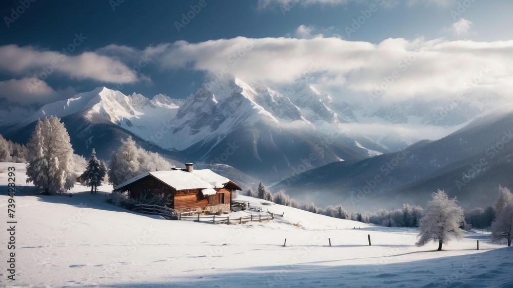 Majestic mountain range, covered with a layer of snow, beautiful and lonely cottage located in the valley
