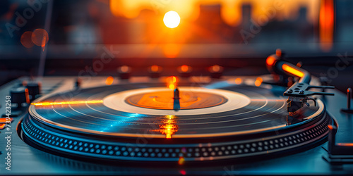 an old turntable is shown with the sun shining on it Spinning vinyl records on a dark background.