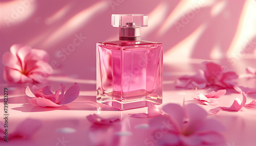 pink square perfume bottle with pink blossom with pink background. pink roses fragrance perfume bottle