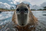 Capybara Close up Portrait, Fun Animal Looking into Camera, Capybara Nose, Wide Angle Lens