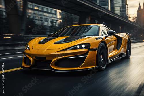 An image of Yellow sport car with black auto tuning on the road Generative AI photo