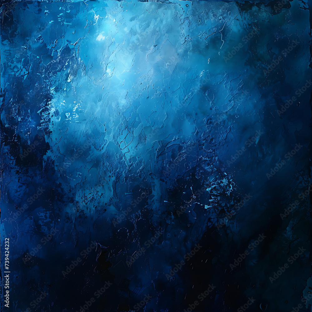 Shades of indigo and navy blue meld in a rough abstract background, featuring a color gradient with bright light and a subtle glow.