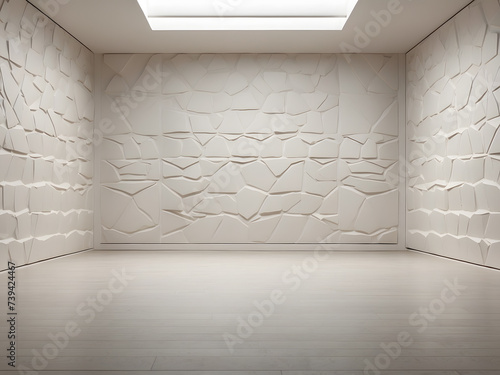 A vacant space with walls that have geometric patterns etched on their design.
