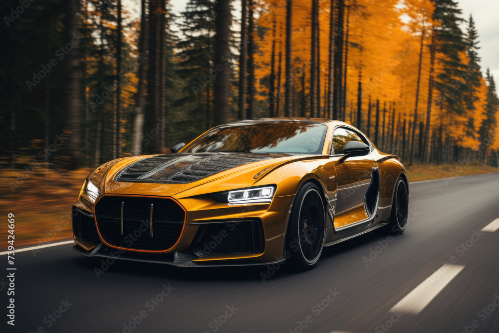 New and modern design Yellow sport car with black auto tuning on the road in jungle Generative AI New and modern design Yellow sport car with black auto tuning on the road in jungle Generative AI