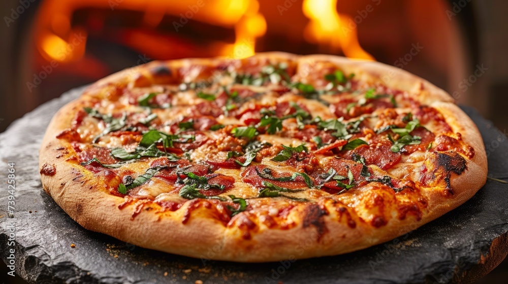 Hot pizza, perfectly baked in a stone oven, conveys the rustic charm and authentic appeal of this traditional cooking method. Highlights the golden, slightly charred crust and the delicious filling. Hot pizza, perfectly baked in a stone oven, conveys the rustic charm and authentic appeal of this traditional cooking method. Highlights the golden, slightly charred crust and the delicious filling.