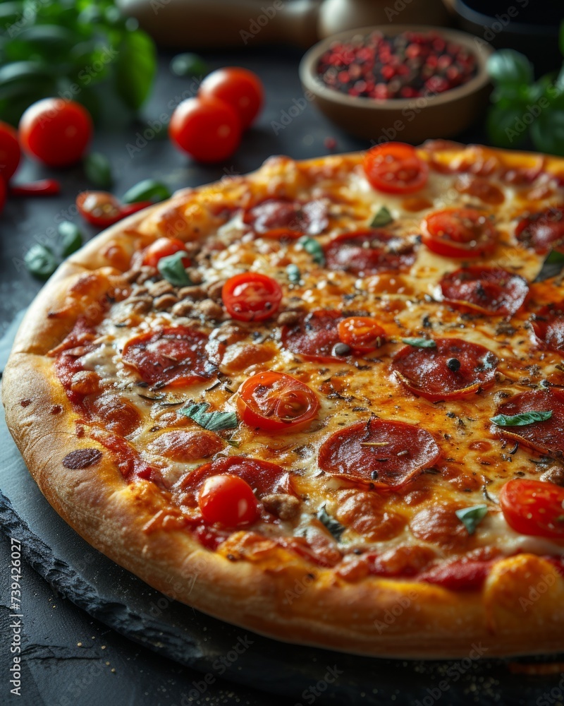 Delicious hot pizza presented on a sleek black wooden tabletop, witth perfectly melted cheese, and a golden, crispy crust. Copy space for text Delicious hot pizza presented on a sleek black wooden tabletop, witth perfectly melted cheese, and a golden, crispy crust. Copy space for text
