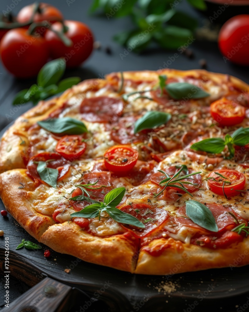 Delicious hot pizza presented on a sleek black wooden tabletop, witth perfectly melted cheese, and a golden, crispy crust. Copy space for text Delicious hot pizza presented on a sleek black wooden tabletop, witth perfectly melted cheese, and a golden, crispy crust. Copy space for text