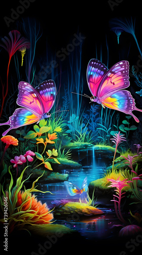 Butterfly in the night forest. Colorful illustration of a butterfly in the night forest.
