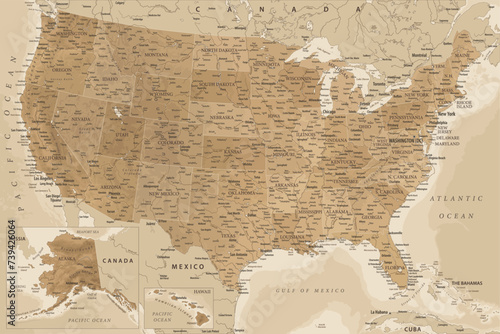 United States - Highly Detailed Vector Map of the USA. Ideally for the Print Posters. Blue Golden Beige Retro Style