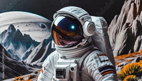 An astronaut exploring a distant, alien planet. The astronaut is wearing a modern, sleek spacesuit