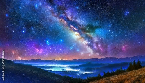 starry night sky. The image depicts a serene night scene. The sky above is breathtaking  filled with twinkling