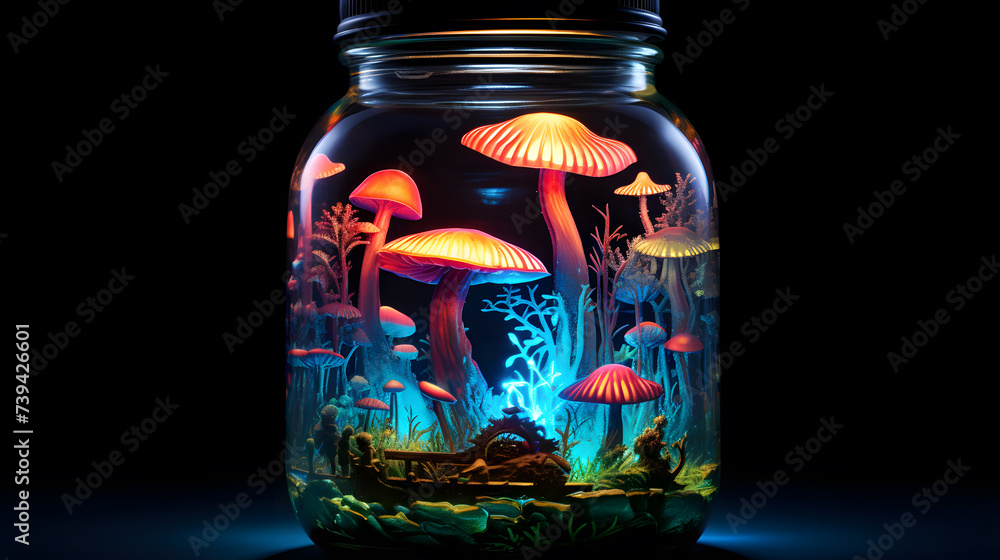 Colorful magic mushrooms in a glass jar on a black background. Colorful magic mushrooms in a glass jar on a black background.