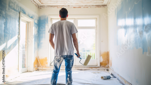 Man Preparing to Paint Room with Blue Walls