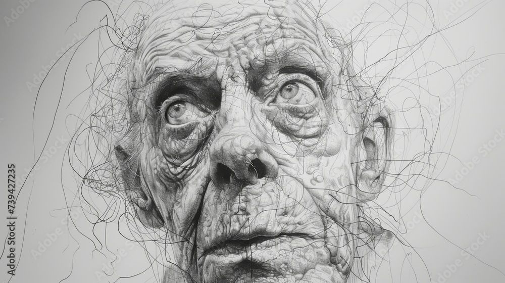 Old bald man sketch. Monochrome drawing of head of aged man seemed to be in a very deep thought. Old bald man sketch. Monochrome drawing of head of aged man seemed to be in a very deep thought.