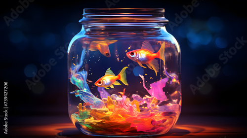 Goldfish in a glass jar on a dark background. 3d rendering