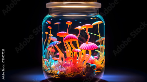 Glass jar with magic mushrooms on a black background. 3d rendering