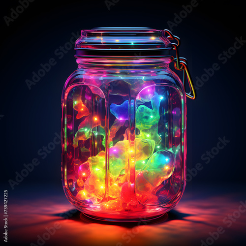 Goldfish in a glass jar with colorful bokeh background.