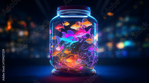 Goldfish in a glass jar with colorful bokeh background.