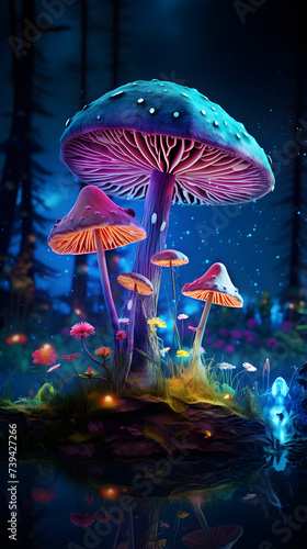 Magic mushrooms in the forest at night. Fantasy landscape with magic mushrooms.