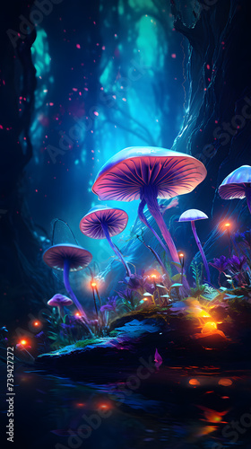 Magic mushrooms in the forest at night. Fantasy landscape with magic mushrooms.