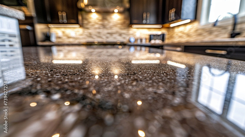 A sparkling kitchen countertop  gleaming under the bright lights as a cleaner wipes away the last traces of dirt and grime  leaving behind a pristine surface.
